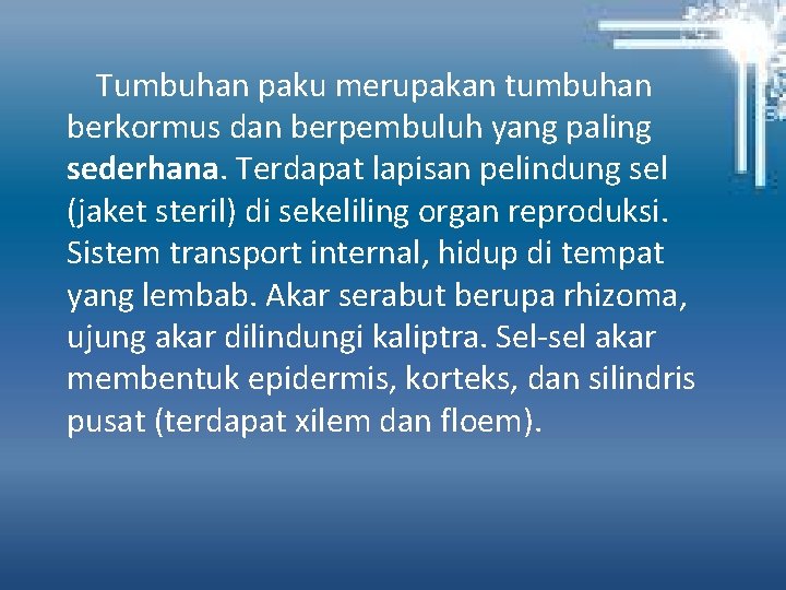 Tumbuhan paku merupakan tumbuhan berkormus dan berpembuluh yang paling sederhana. Terdapat lapisan pelindung sel