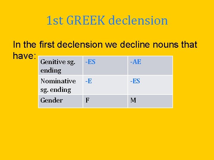 1 st GREEK declension In the first declension we decline nouns that have: Genitive 1 st GREEK declension In the first declension we decline nouns that have: Genitive