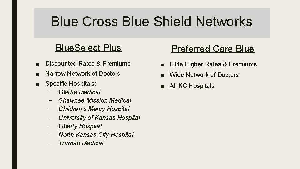 Blue Cross Blue Shield Networks Blue. Select Plus Preferred Care Blue ■ Discounted Rates