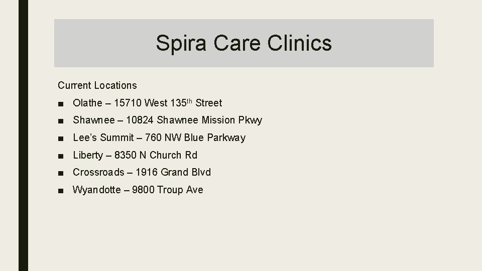 Spira Care Clinics Current Locations ■ Olathe – 15710 West 135 th Street ■