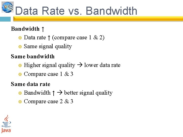 Data Rate vs. Bandwidth ↑ Data rate ↑ (compare case 1 & 2) Same