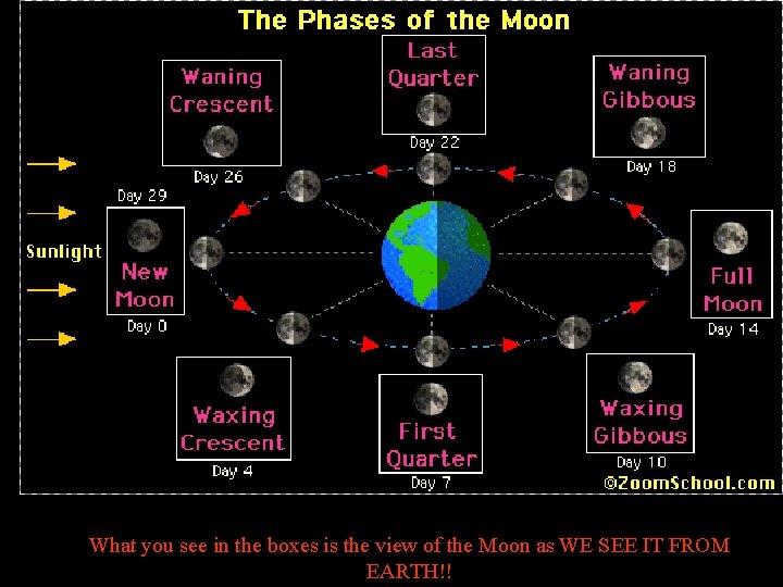 What you see in the boxes is the view of the Moon as WE