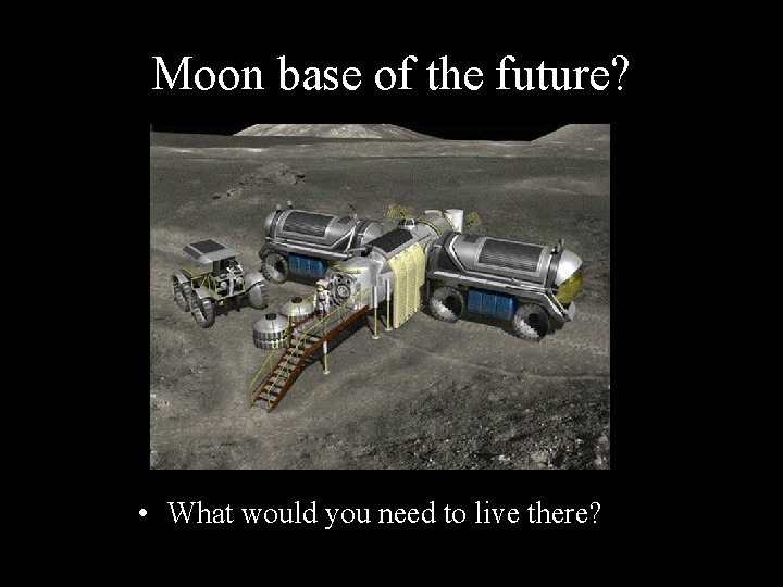 Moon base of the future? • What would you need to live there? 