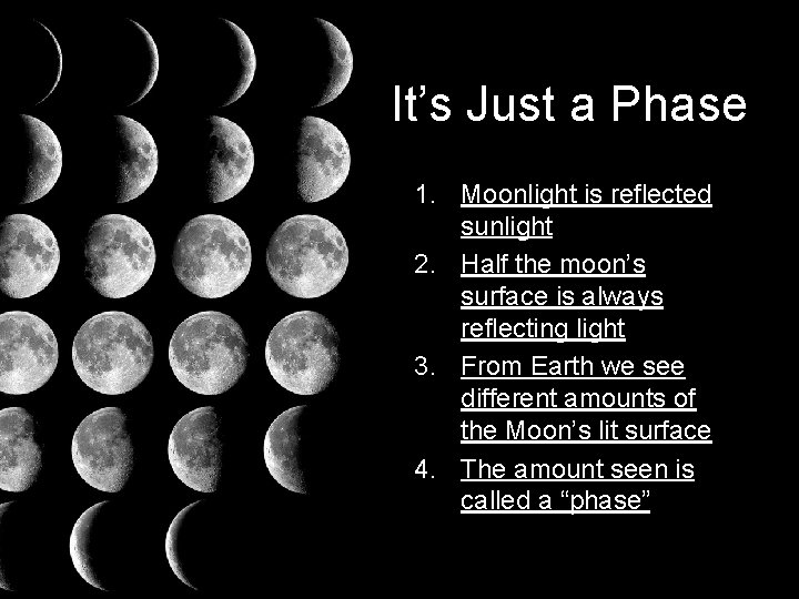 It’s Just a Phase 1. Moonlight is reflected sunlight 2. Half the moon’s surface