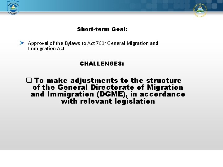 Short-term Goal: Approval of the Bylaws to Act 761; General Migration and Immigration Act
