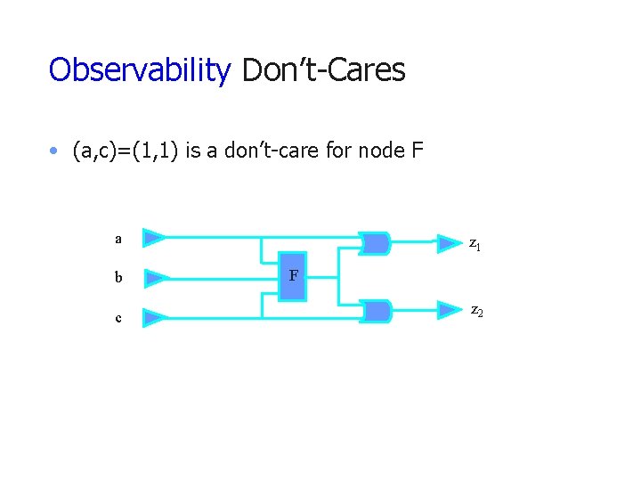 Observability Don’t-Cares • (a, c)=(1, 1) is a don’t-care for node F a b
