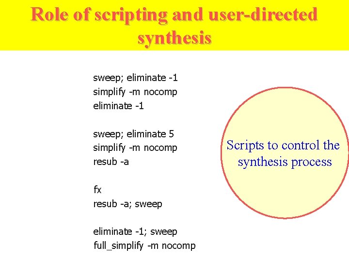 Role of scripting and user-directed script. rugged synthesis sweep; eliminate -1 simplify -m nocomp