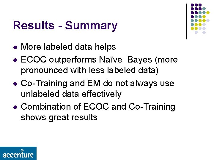 Results - Summary l l More labeled data helps ECOC outperforms Naïve Bayes (more
