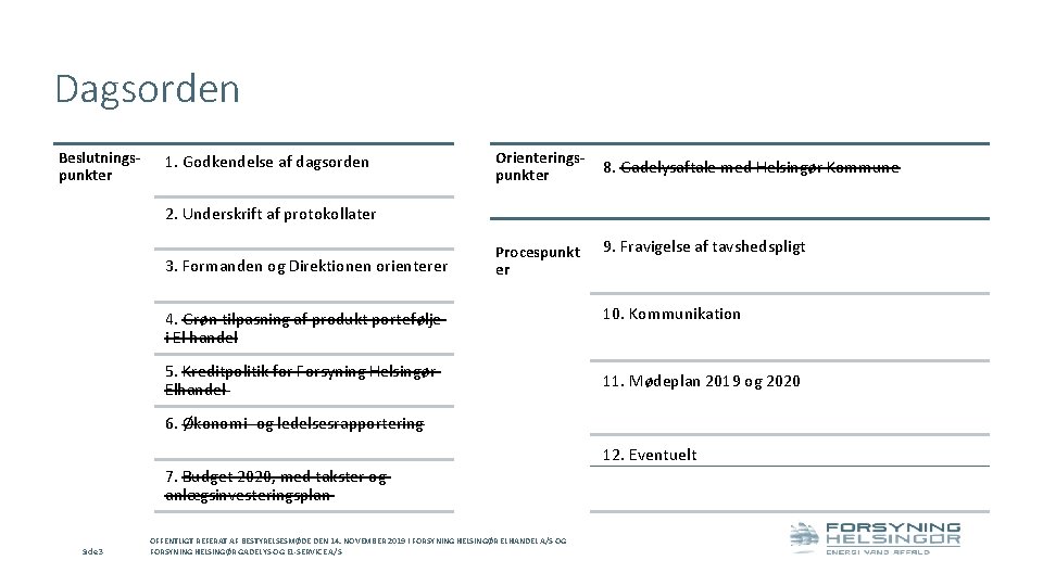 Dagsorden Beslutningspunkter 1. Godkendelse af dagsorden Orienteringspunkter 8. Gadelysaftale med Helsingør Kommune 2. Underskrift