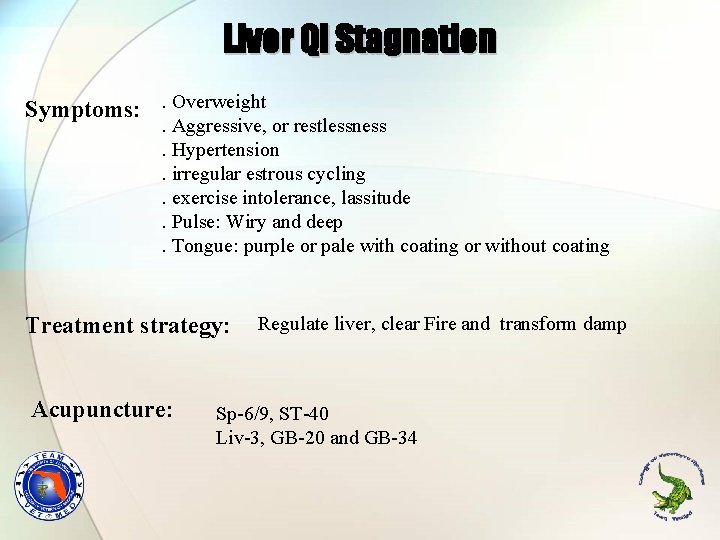 Liver Qi Stagnation Symptoms: . Overweight . Aggressive, or restlessness. Hypertension. irregular estrous cycling.