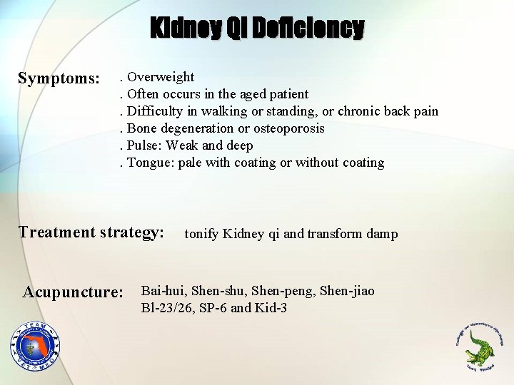 Kidney Qi Deficiency Symptoms: . Overweight. Often occurs in the aged patient. Difficulty in