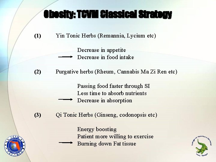 Obesity: TCVM Classical Strategy (1) Yin Tonic Herbs (Remannia, Lycium etc) Decrease in appetite
