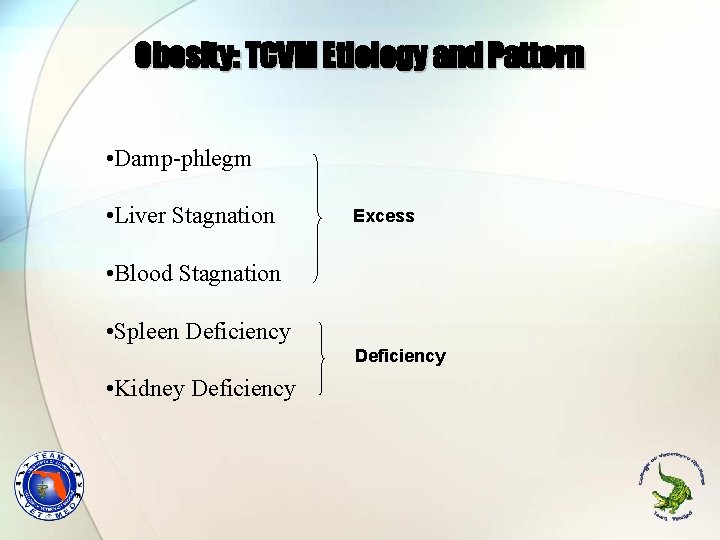 Obesity: TCVM Etiology and Pattern • Damp-phlegm • Liver Stagnation Excess • Blood Stagnation