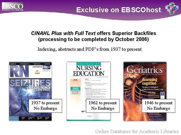 Exclusive on EBSCOhost: CINAHL Plus with Full Text offers Superior Backfiles (processing to be