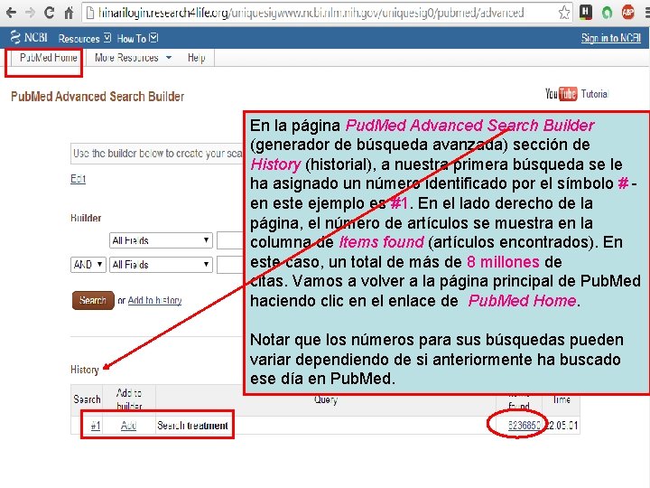 En la página Pud. Med Advanced Search Builder (generador de búsqueda avanzada) sección de