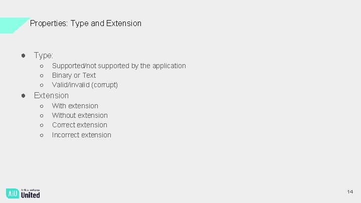 Properties: Type and Extension ● Type: ○ ○ ○ Supported/not supported by the application