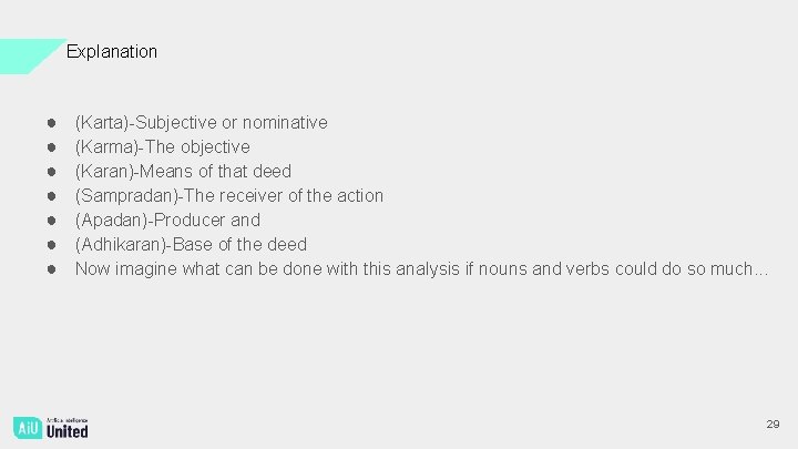 Explanation ● ● ● ● (Karta)-Subjective or nominative (Karma)-The objective (Karan)-Means of that deed