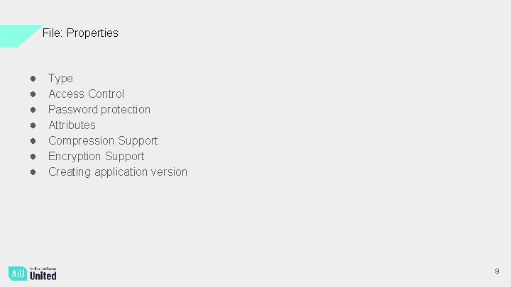 File: Properties ● ● ● ● Type Access Control Password protection Attributes Compression Support