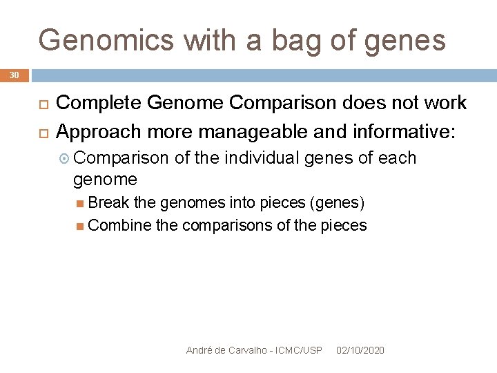 Genomics with a bag of genes 30 Complete Genome Comparison does not work Approach