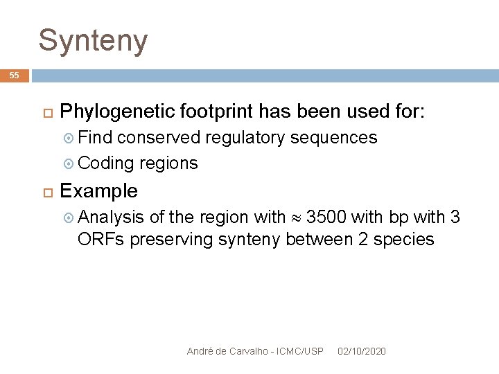 Synteny 55 Phylogenetic footprint has been used for: Find conserved regulatory sequences Coding regions