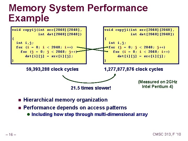 Memory System Performance Example void copyij(int { int i, j; for (i = 0;