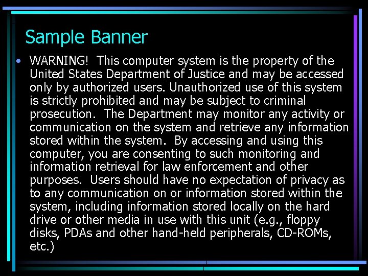 Sample Banner • WARNING! This computer system is the property of the United States