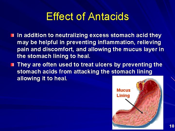 Effect of Antacids In addition to neutralizing excess stomach acid they may be helpful