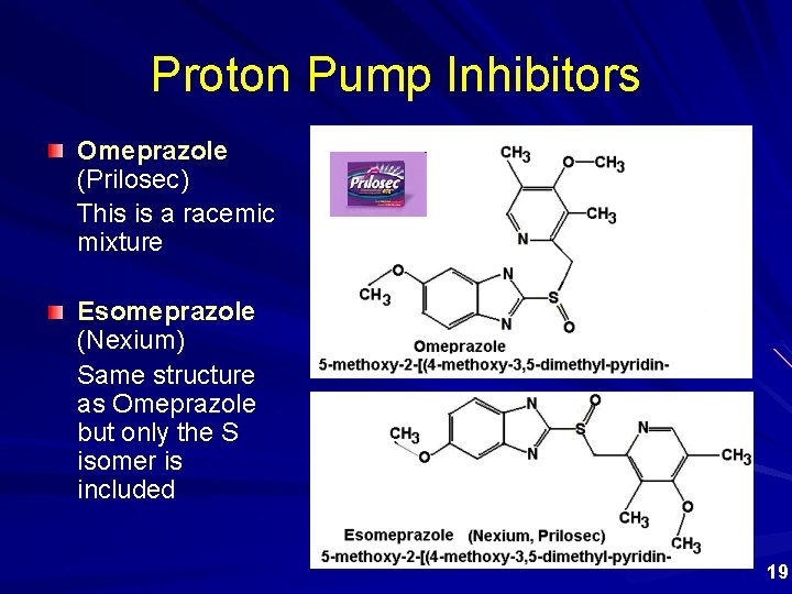 Proton Pump Inhibitors Omeprazole (Prilosec) This is a racemic mixture Esomeprazole (Nexium) Same structure