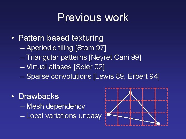 Previous work • Pattern based texturing – Aperiodic tiling [Stam 97] – Triangular patterns
