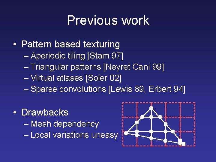 Previous work • Pattern based texturing – Aperiodic tiling [Stam 97] – Triangular patterns