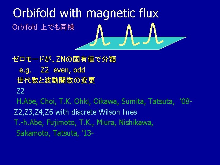 Orbifold with magnetic flux Orbifold 上でも同様 　　 ゼロモードが、ZNの固有値で分類 　　e. g. Z 2 even, odd