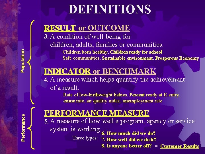 DEFINITIONS RESULT or OUTCOME 3. A condition of well-being for Population children, adults, families