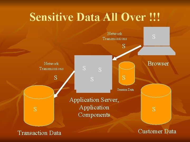 Sensitive Data All Over !!! Network Transmissions S S Browser S Session Data S