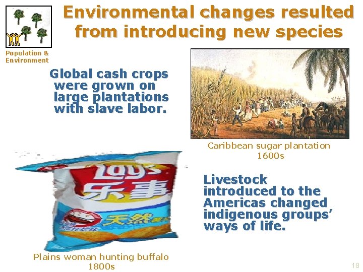 Environmental changes resulted from introducing new species Population & Environment Global cash crops were