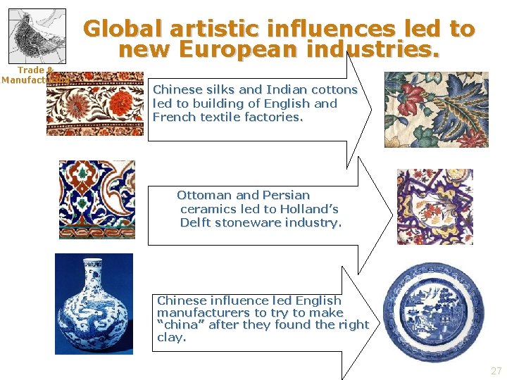Global artistic influences led to new European industries. Trade & Manufacturing Chinese silks and
