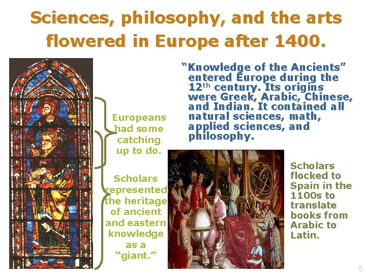 Sciences, philosophy, and the arts flowered in Europe after 1400. Europeans had some catching