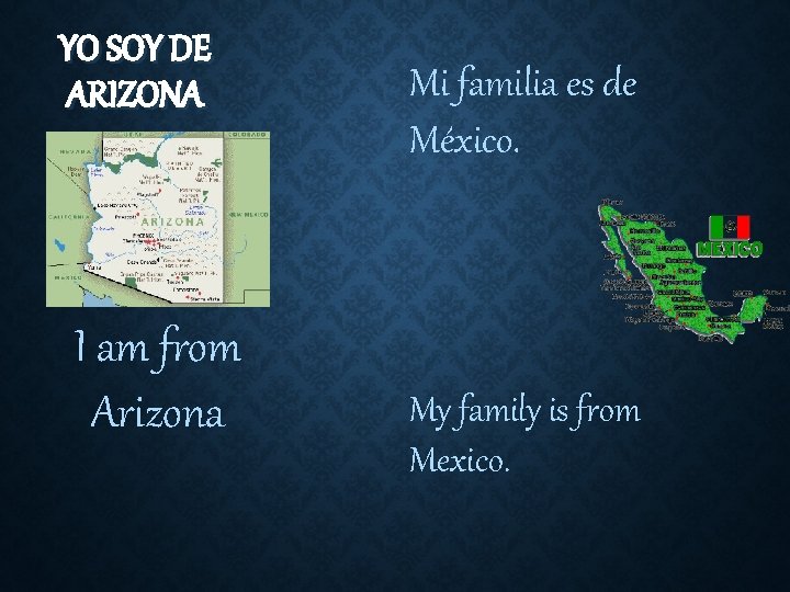 YO SOY DE ARIZONA I am from Arizona Mi familia es de México. My