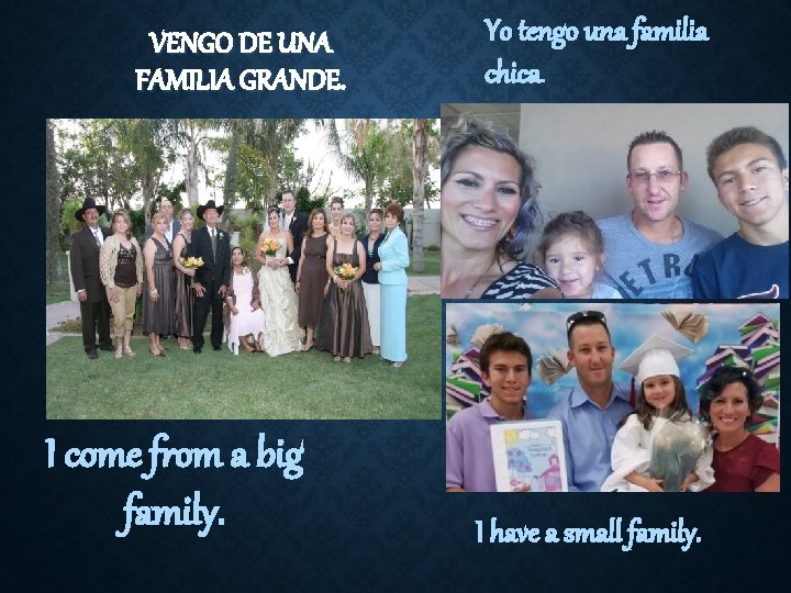VENGO DE UNA FAMILIA GRANDE. I come from a big family. Yo tengo una