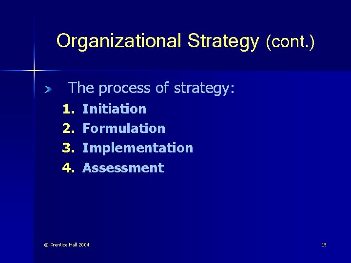 Organizational Strategy (cont. ) The process of strategy: 1. 2. 3. 4. Initiation Formulation