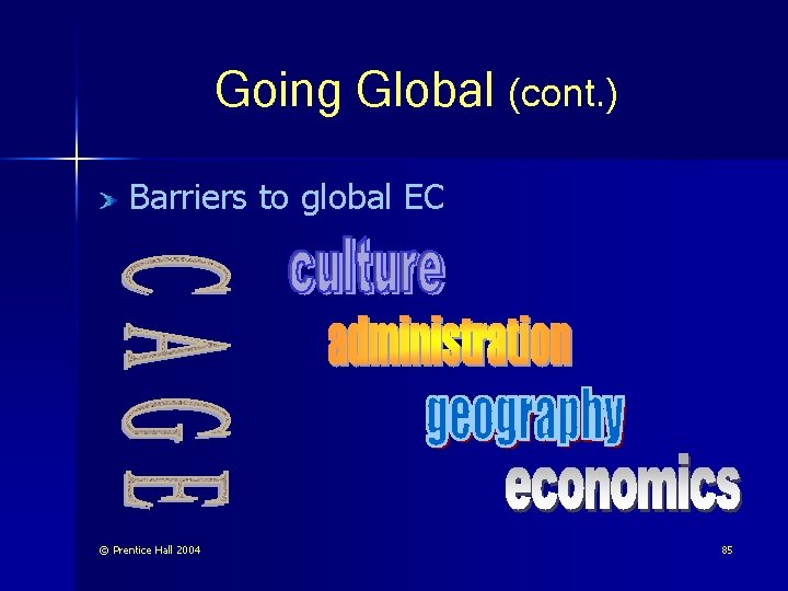 Going Global (cont. ) Barriers to global EC © Prentice Hall 2004 85 