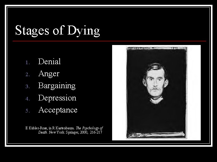 Stages of Dying 1. 2. 3. 4. 5. Denial Anger Bargaining Depression Acceptance E