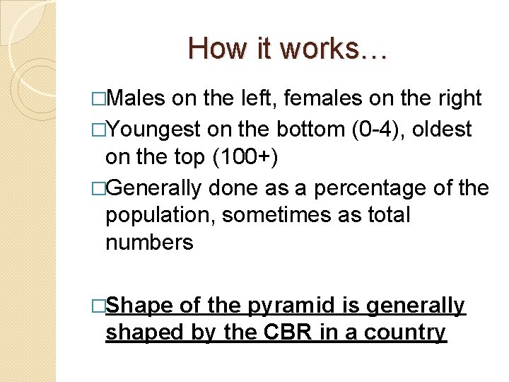 How it works… �Males on the left, females on the right �Youngest on the