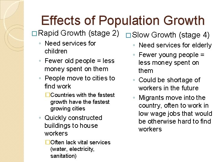 Effects of Population Growth � Rapid Growth (stage 2) � Slow Growth (stage 4)