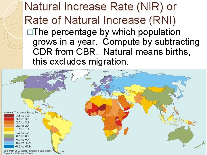 Natural Increase Rate (NIR) or Rate of Natural Increase (RNI) �The percentage by which