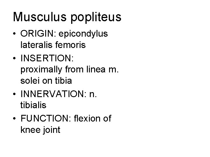 Musculus popliteus • ORIGIN: epicondylus lateralis femoris • INSERTION: proximally from linea m. solei