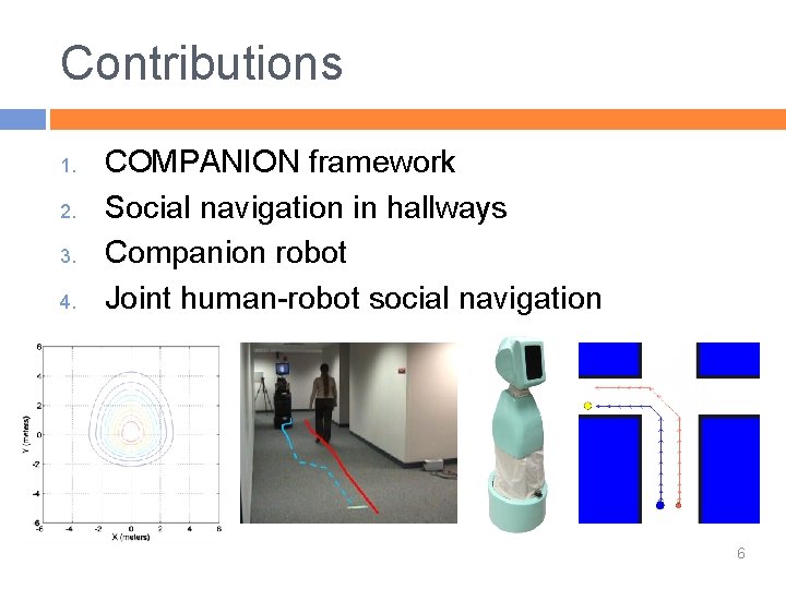 Contributions 1. 2. 3. 4. COMPANION framework Social navigation in hallways Companion robot Joint