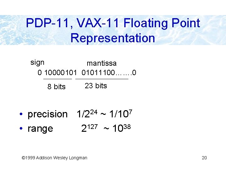 PDP-11, VAX-11 Floating Point Representation sign mantissa 0 100001011100……. 0 8 bits 23 bits