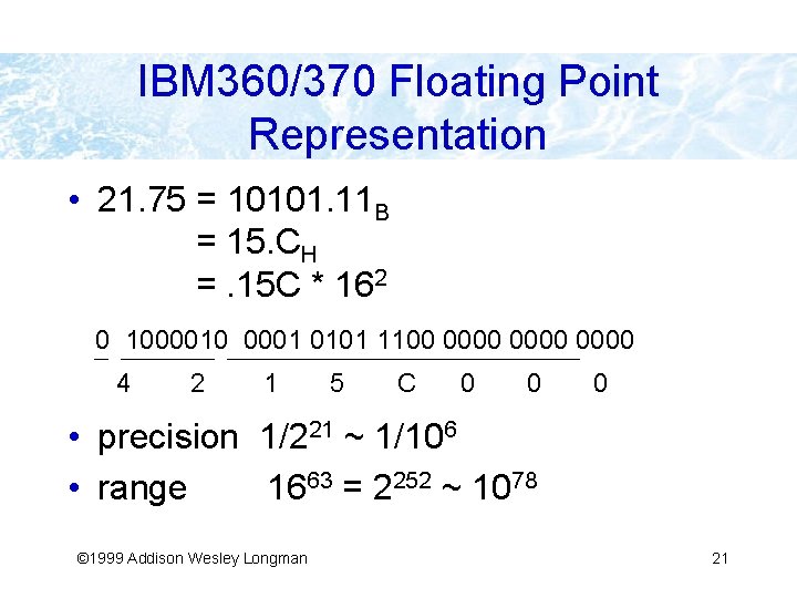 IBM 360/370 Floating Point Representation • 21. 75 = 10101. 11 B = 15.
