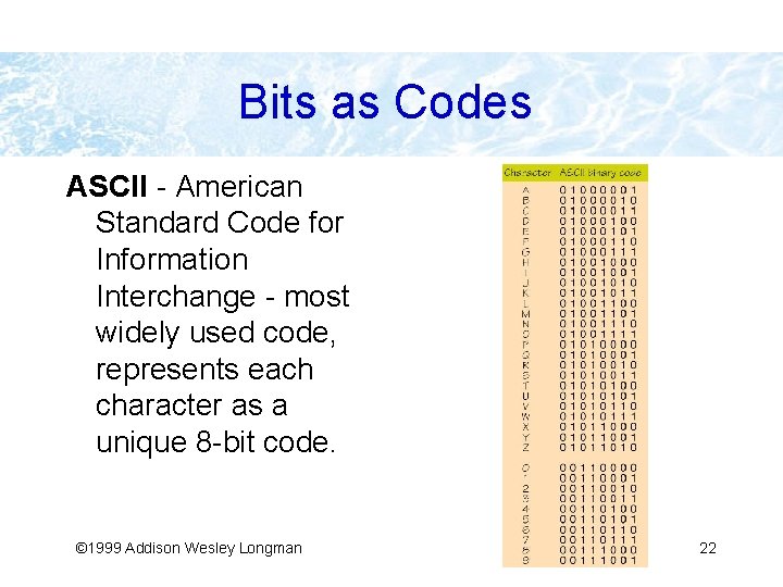 Bits as Codes ASCII - American Standard Code for Information Interchange - most widely