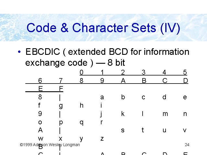 Code & Character Sets (IV) • EBCDIC ( extended BCD for information exchange code